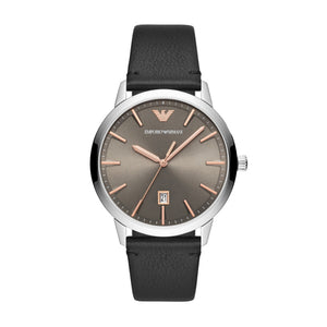 Armani Gents Watch Black Leather Strap, Grey Dial, Date SKU 4005044