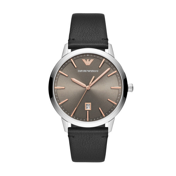 Armani Gents Watch Black Leather Strap, Grey Dial, Date SKU 4005044