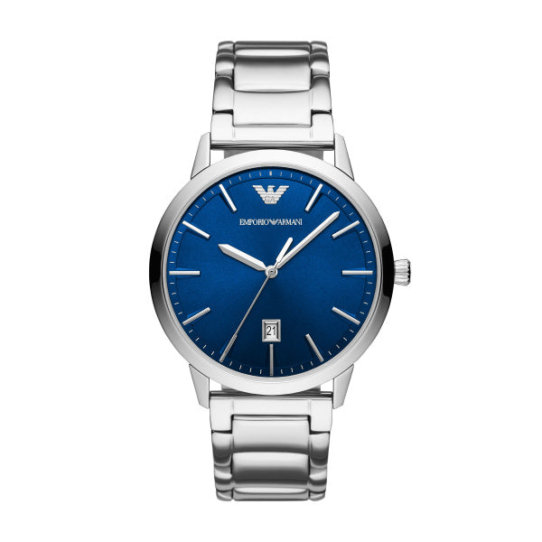 Armani Gents Watch Stainless Steel Silver Tone, Blue Dial, Date SKU 4005047