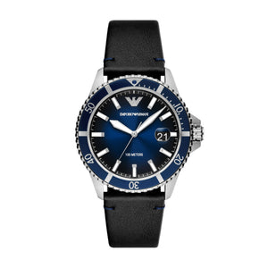 Gents Armani Watch Black Leather strap, Blue dial  SKU 4005202