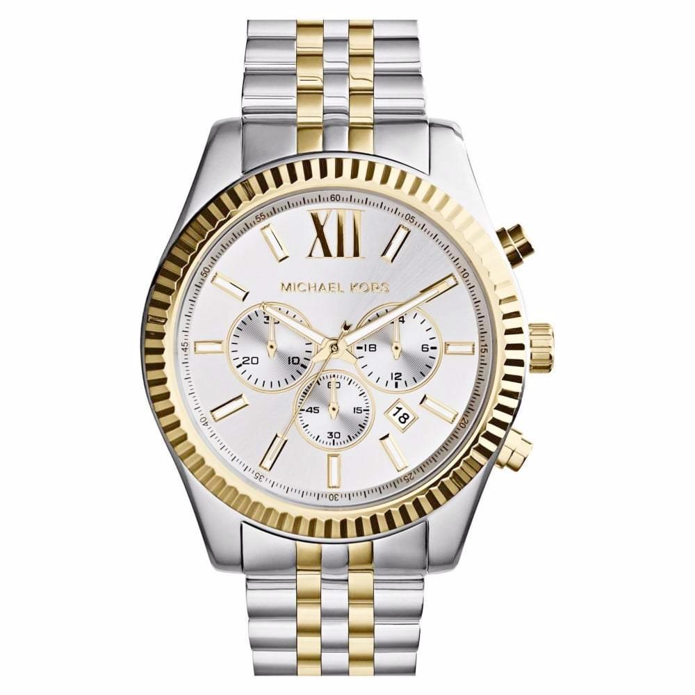 Gents Michael Kors Watch Stainless Steel Silver & Gold Tone Strap, White Dial SKU 4010032