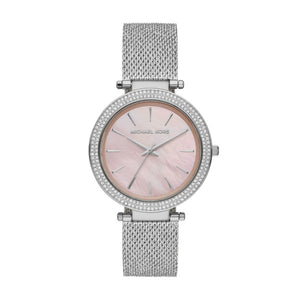 Michael Kors Watch Silver Tone Stainless Steel Mesh Bracelet Pink Pearl Dial SKU 4010053