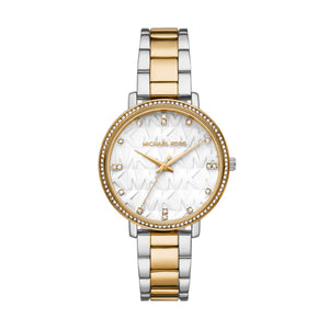 Ladies Michael Kors Watch Stainless Steel Silver & Gold 2 Tone Strap, White MK Dial SKU 4010072