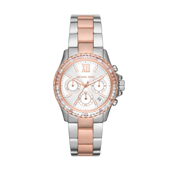 Michael Kors Watch 2 Tone Stainless Steel Strap, Silver Tone Dial, Date, Mini Dials SKU 4010081