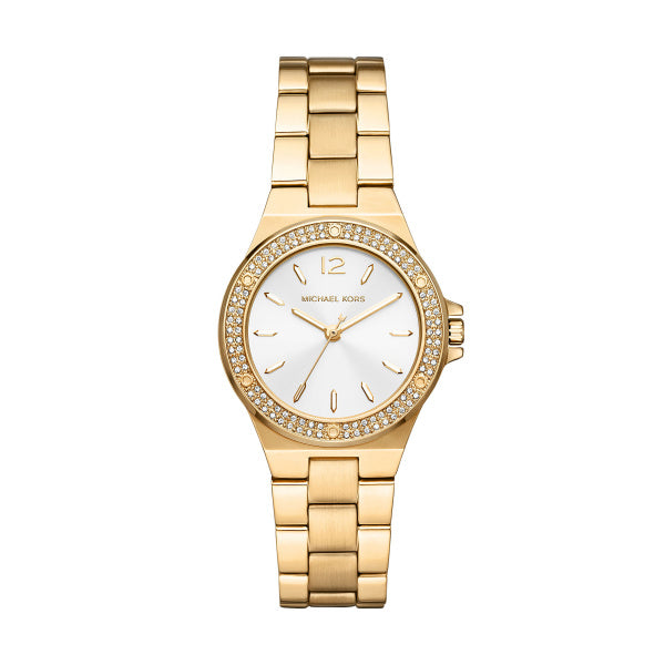 Michael Kors Ladies Stainless Steel Gold Tone Watch, Stone Set Case SKU 4010088