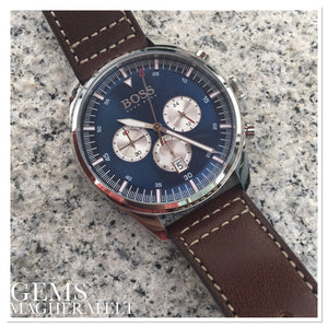 Gents Hugo Boss Watch Brown Leather Strap, Blue Dial & Silver Tone Multi Dials SKU 4012044