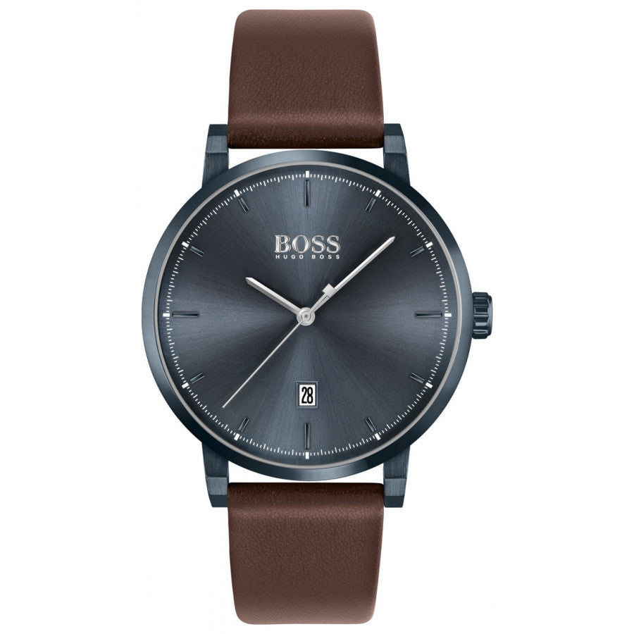 Gents Hugo Boss Watch Brown Leather Strap, Grey Dial, Date SKU 4012054