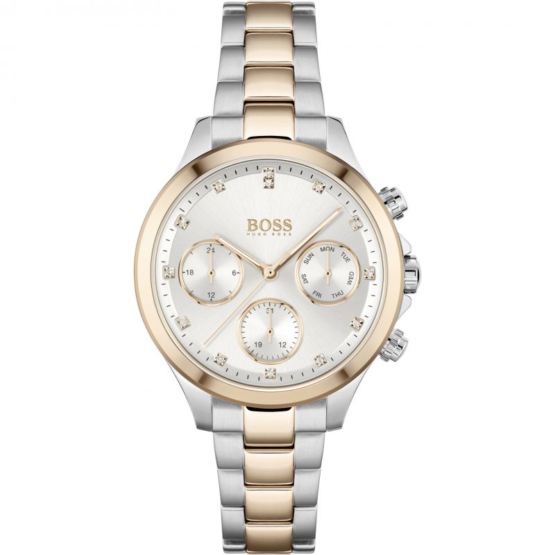 Ladies Hugo Boss Watch Stainless Steel Silver & Rose Tone Strap, White Dial, Mini Dials SKU 4012061