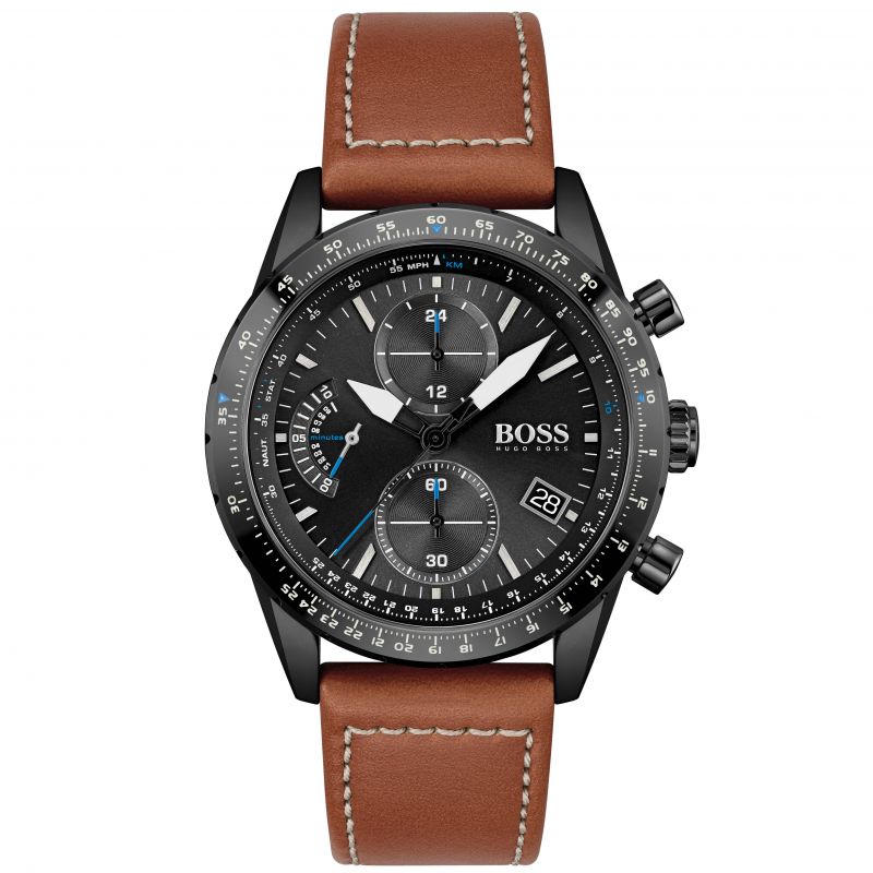 Gents Hugo Boss Watch Brown Leather Strap, Black Dial, Mini Dials, Date SKU 4012069