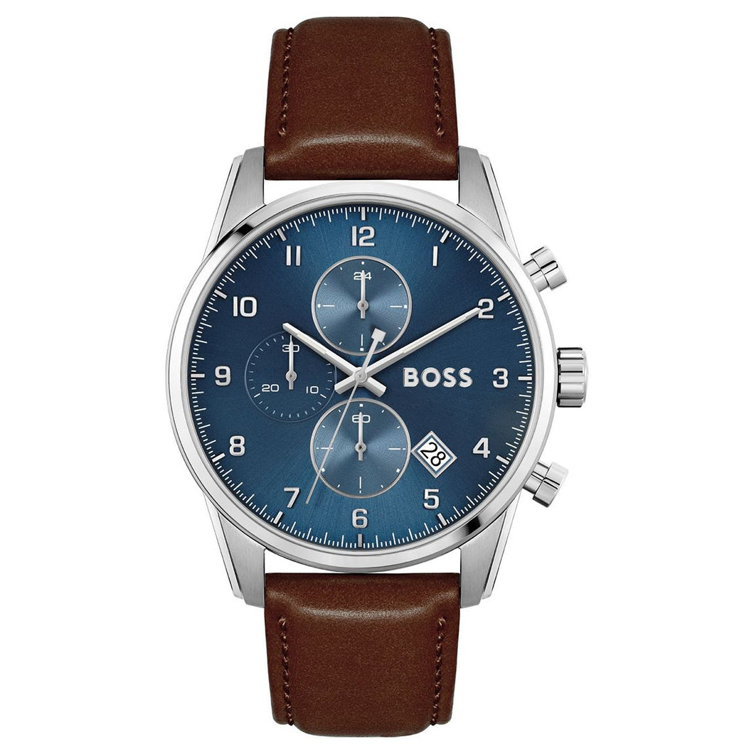 Gents Hugo Boss Watch Brown Leather Strap, Blue Dial/Case, Date SKU 4012086