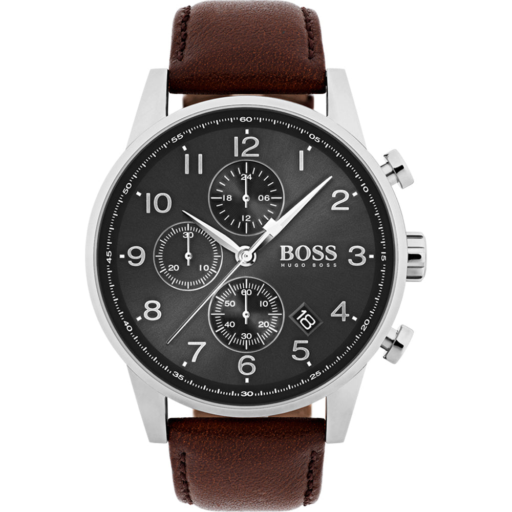 Gents Hugo Boss Watch Brown Leather Strap, Grey Dial, Mini Dials, Date SKU 4012127
