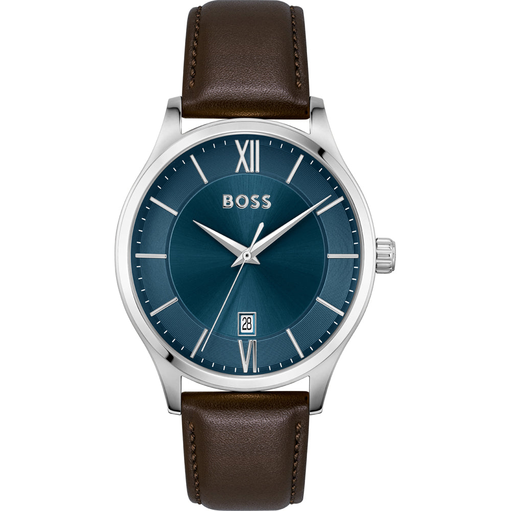 Gents Hugo Boss Watch Brown Leather Strap, Navy Dial, Date SKU 4012139
