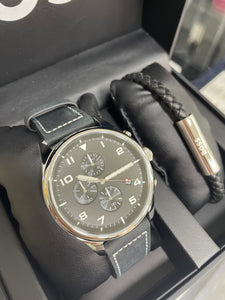 Gents Hugo Boss Watch Black Dial Black Leather Strap & Leather Bracelet Set SKU 4012149