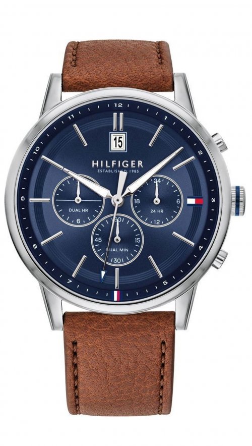 Gents Tommy Hilfiger Watch Brown Leather Strap Blue Multi Dial SKU 4016097