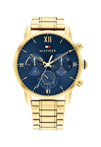 Gents Tommy Hilfiger Watch Stainless Steel Gold Tone Strap, Blue Dial, Mini Dials SKU 4016219