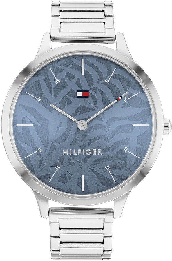 Ladies Tommy Hilfiger Watch Stainless Steel Silver Tone Strap, Blue Pattern Dial SKU 4016240