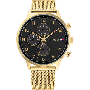 Gents Tommy Hilfiger Watch Stainless Steel Gold Tone Mesh Strap, Black Dial, Gold Tone Hands SKU 4016246