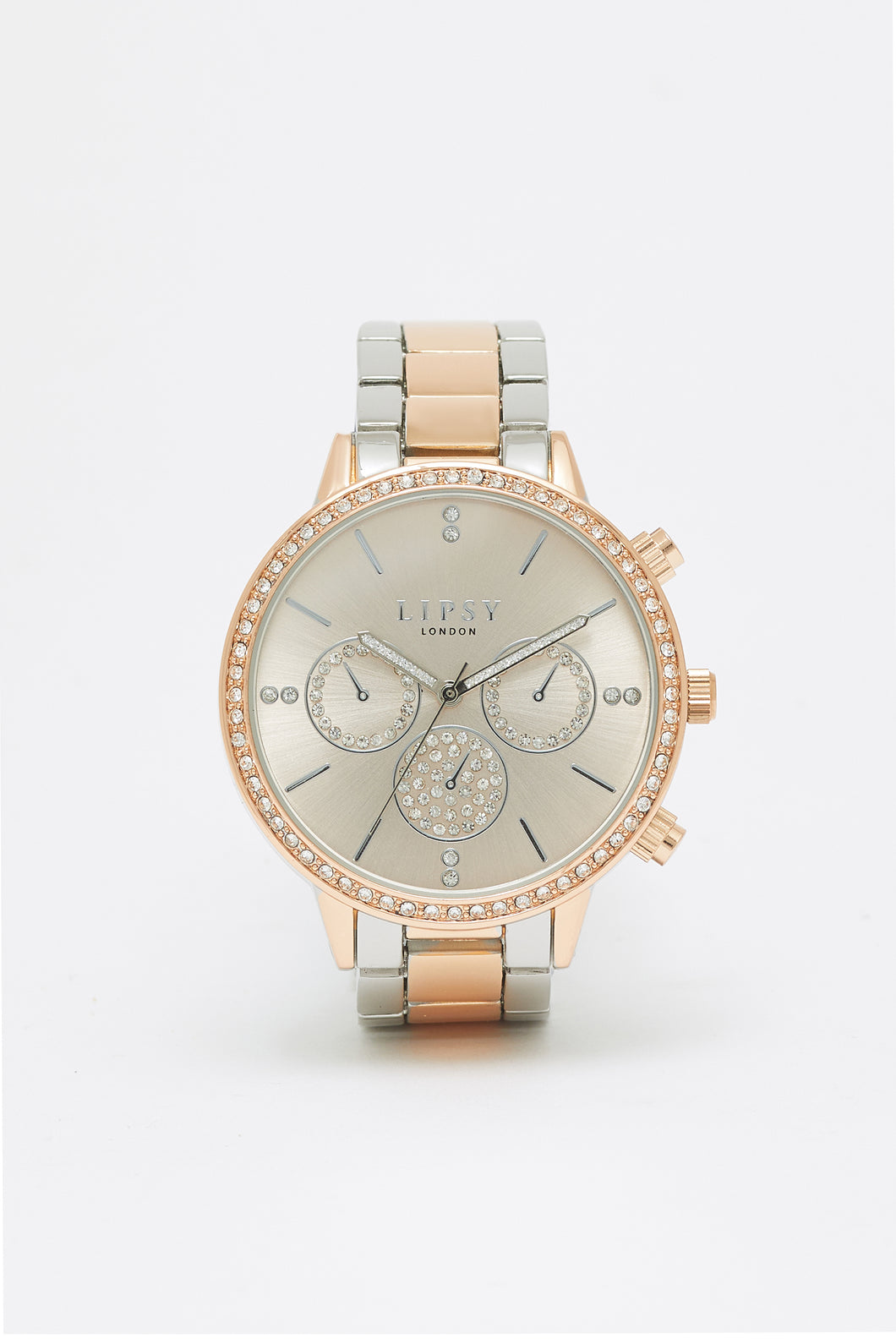 Ladies Lipsy Watch Stainless Steel Silver & Rose Tone Strap, Rose Stone Dial, Mini Dials SKU 4029146