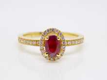 Load image into Gallery viewer, 18ct Yellow Gold Oval Ruby Diamond Halo Diamond Shoulders Engagement Ring 0.66ct/0.16ct SKU 8802093
