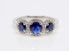 Load image into Gallery viewer, 18ct White Gold Round Brilliant Sapphires and Halo Diamond Engagement Ring SKU 5706021
