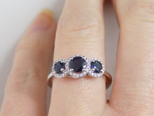 Load image into Gallery viewer, 18ct White Gold Round Brilliant Sapphires and Halo Diamond Engagement Ring SKU 5706021
