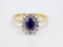 Load image into Gallery viewer, 9ct Yellow Gold Oval Sapphire Halo Diamond Engagement Ring SKU 5706025
