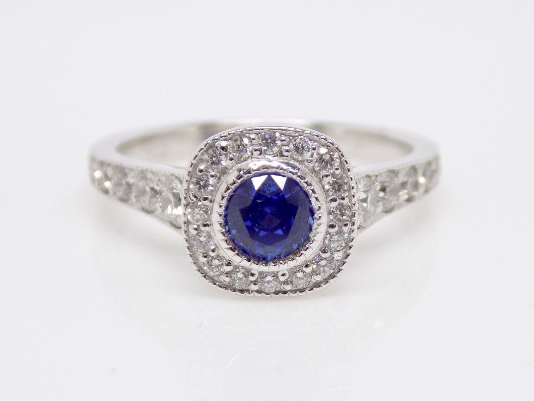 18ct White Gold Sapphire and Diamond Halo/Diamond Shoulders Engagement Ring 0.60ct SKU 8802081