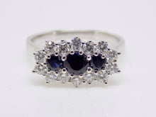 Load image into Gallery viewer, 9ct White Gold 3 Round Sapphire Diamond Boat Cluster Ring SKU 5706036
