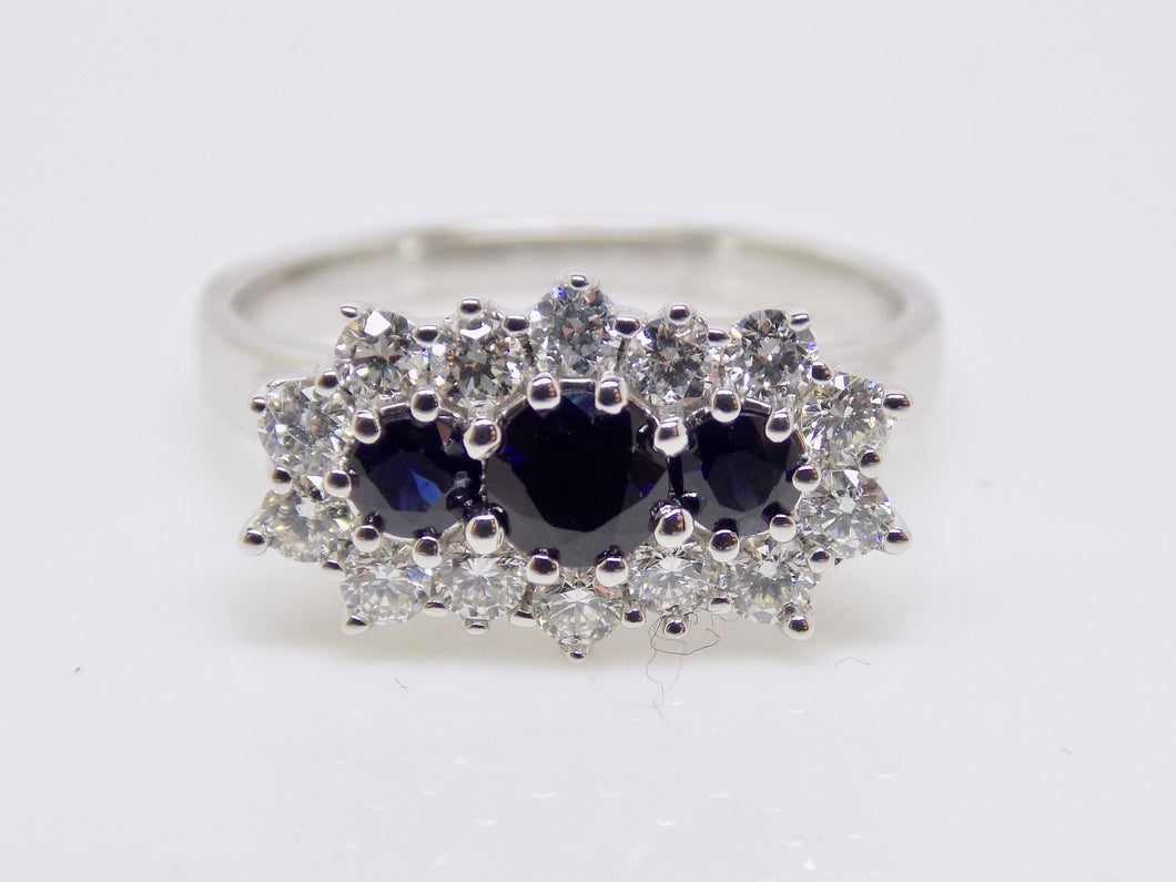 9ct White Gold 3 Round Sapphire Diamond Boat Cluster Ring SKU 5706036