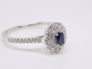 9ct White Gold Oval Sapphire Double Diamond Halo Diamond Shoulders Ring SKU 5706037