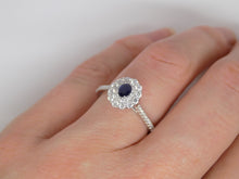 Load image into Gallery viewer, 9ct White Gold Oval Sapphire Double Diamond Halo Diamond Shoulders Ring SKU 5706037
