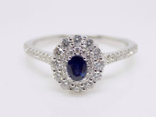 Load image into Gallery viewer, 9ct White Gold Oval Sapphire Double Diamond Halo Diamond Shoulders Ring SKU 5706037
