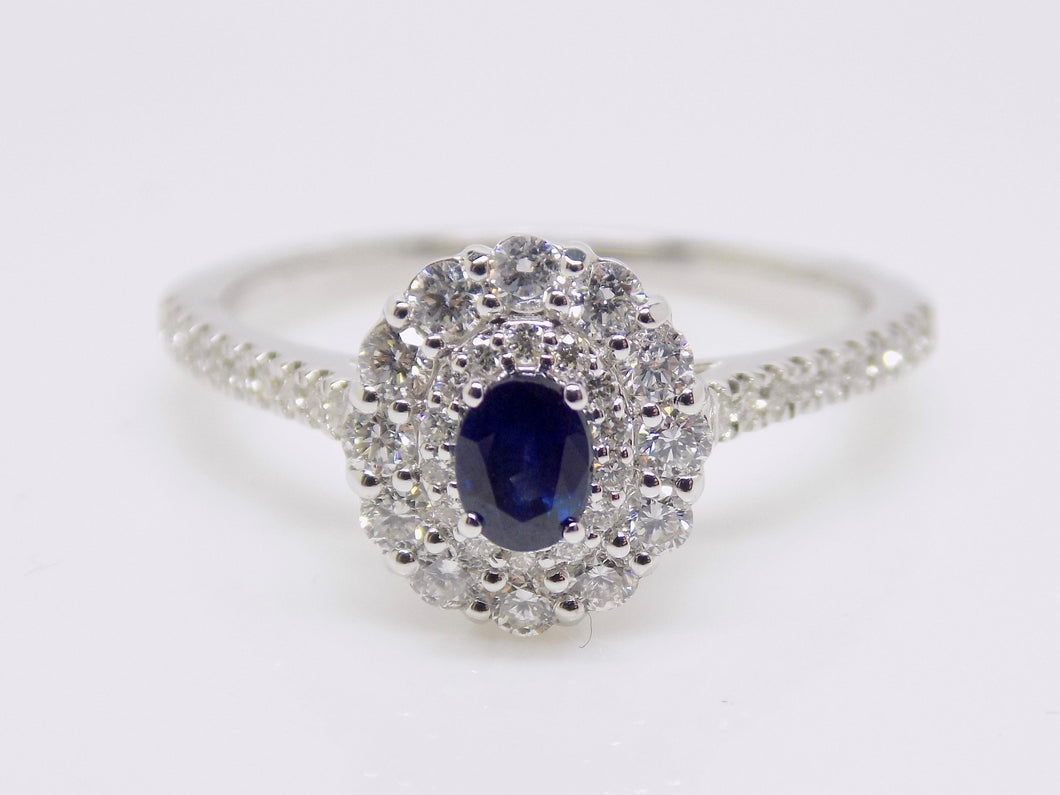 9ct White Gold Oval Sapphire Double Diamond Halo Diamond Shoulders Ring SKU 5706037