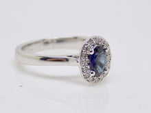 Load image into Gallery viewer, 9ct White Gold Oval Sapphire Diamond Halo Ring SKU 5706047
