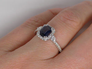 9ct White Gold Rectangular Sapphire Halo Diamond/Diamond Shoulders Engagement Ring SKU 5706052