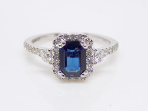 9ct White Gold Rectangular Sapphire Halo Diamond/Diamond Shoulders Engagement Ring SKU 5706052