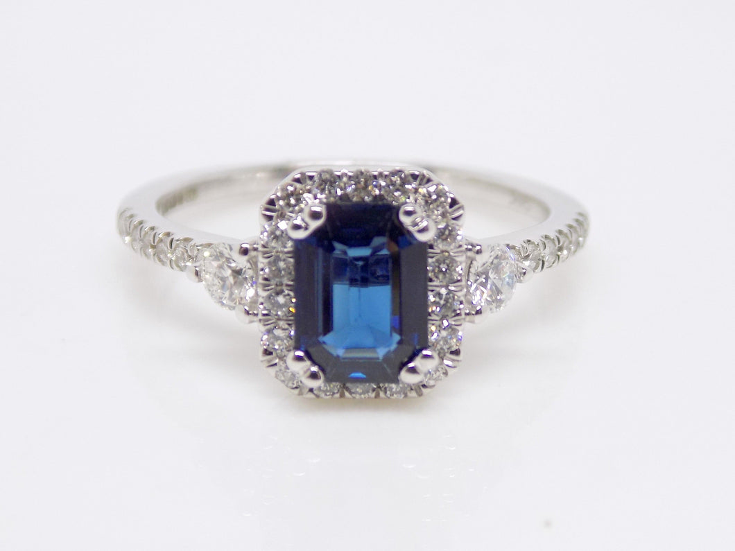 9ct White Gold Rectangular Sapphire Halo Diamond/Diamond Shoulders Engagement Ring SKU 5706052