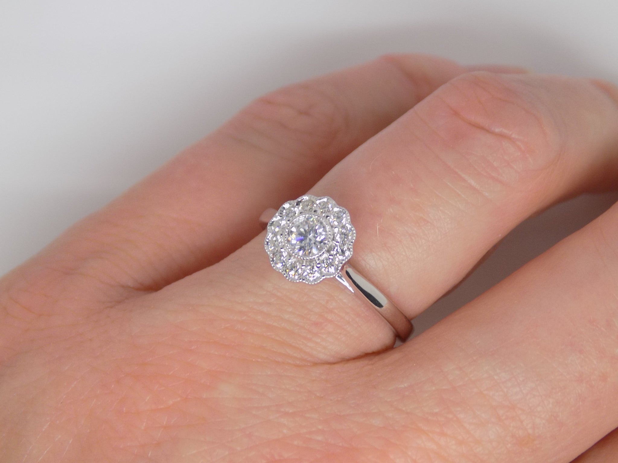 9ct White Gold Beaded Edge 13 Rubover Diamonds Flower Cluster Engagement Ring SKU 6107059