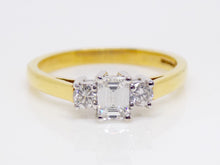 Load image into Gallery viewer, 18ct Yellow Gold Centre Emerald Cut Diamond Round Side Diamonds 3 Stone Engagement Ring 0.50ct SKU 8803057
