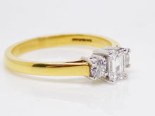 Load image into Gallery viewer, 18ct Yellow Gold Centre Emerald Cut Diamond Round Side Diamonds 3 Stone Engagement Ring 0.50ct SKU 8803057
