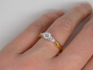 18ct Yellow Gold Round Brilliant Centre Diamond Pear Side Diamonds 3 Stone Engagement Ring 0.65ct SKU 8803123