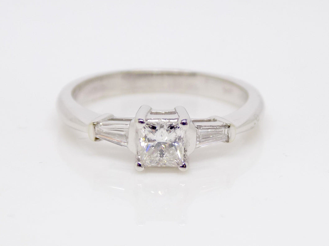 18ct White Gold Princess Cut Centre Diamond Baguette Diamond Sides 3 Stone Engagement Ring 0.50ct SKU 8803063