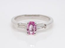 Load image into Gallery viewer, 18ct White Gold Oval Pink Sapphire and Baguette Diamond 3 Stone Engagement Ring SKU 8802088
