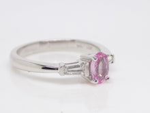 Load image into Gallery viewer, 18ct White Gold Oval Pink Sapphire and Baguette Diamond 3 Stone Engagement Ring SKU 8802088
