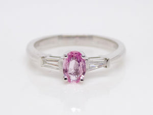 18ct White Gold Oval Pink Sapphire and Baguette Diamond 3 Stone Engagement Ring SKU 8802088