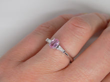 Load image into Gallery viewer, 18ct White Gold Oval Pink Sapphire and Baguette Diamond 3 Stone Engagement Ring SKU 8802088
