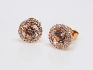 18ct Rose Gold Round Morganite Diamond Halo Earrings 1.57ct/0.17ct