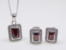 Load image into Gallery viewer, Sterling Silver Rectangle Red CZ Pendant &amp; Earring Set SKU 0501053
