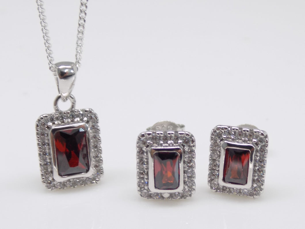 Sterling Silver Rectangle Red CZ Pendant & Earring Set SKU 0501053