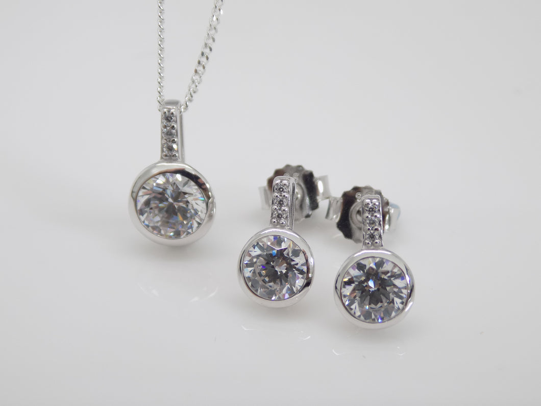Sterling Silver Rubover Round CZ Pendant & Earring Set SKU 0501049